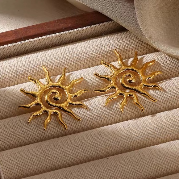 Abstract Sunburst 18K Gold Stainless Steel Earrings - Picture 14 of 14